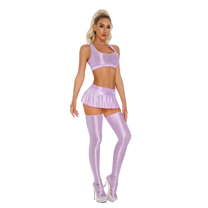 Womens Glossy Lingerie Sleeveless Crop Tank Tops Low Rise Miniskirt with Thigh High Stockings Pool Party Pole Dance Clubwear