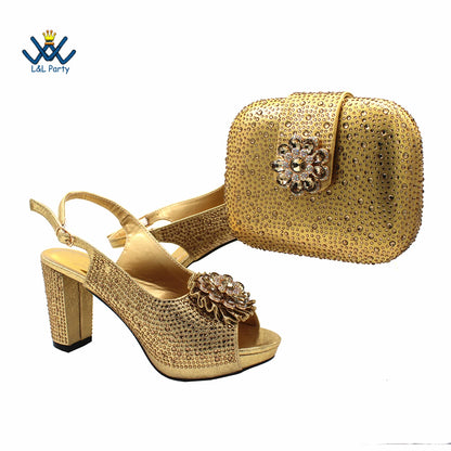 Special Design Women Crystal Style African Ladies Party Shoes Matching Bag in Magenta Color