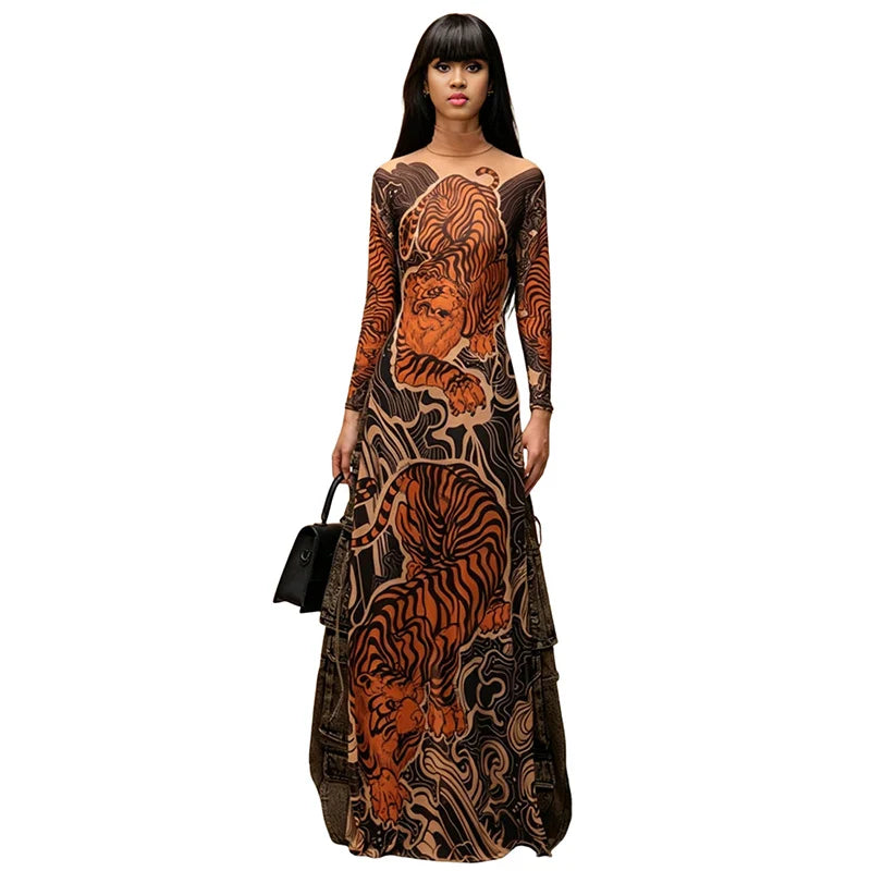 See Through T-Shirts Women Tiger Print Long Sleeve High Neck High Slits High Elastic Skinny Trend Street Hipster Tops