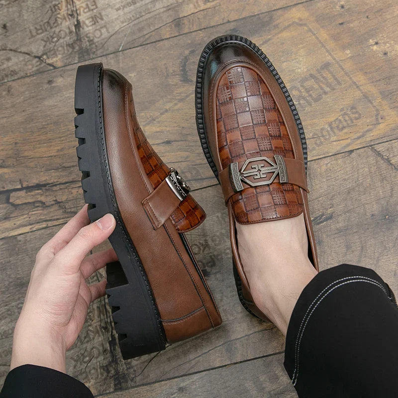 Men Loafers PU Thick Sole Round Toe Checkered Pattern Fashionable Classic Business Formal Shoes