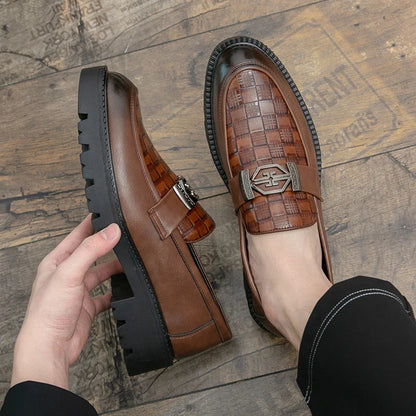 Men Loafers PU Thick Sole Round Toe Checkered Pattern Fashionable Classic Business Formal Shoes