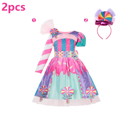 Children's Candy Dress Candy Princess Cosplay Costume Purim Carnival Party Fancy Dress Dress with Candy Hat Suit Prom Costume