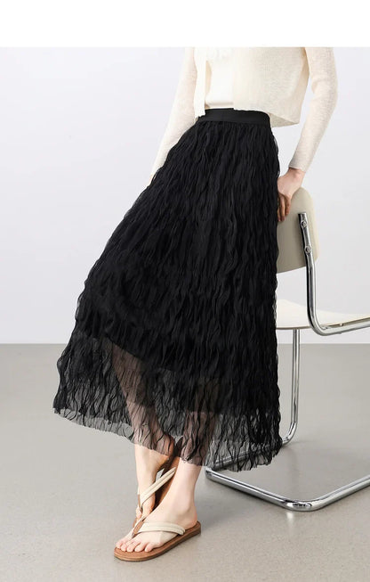 Sweet Style Mesh Skirt Women 2026 A-line Holiday Vacation High Waist Ruffles Long Skirt Woman Clothing W52Q80351