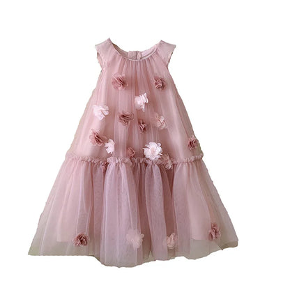 Girls' Sleeveless Floral Mesh Dress - Princess Party Gown for Toddlers 2-8 Years, Breathable Wedding & Special Occasion Dress