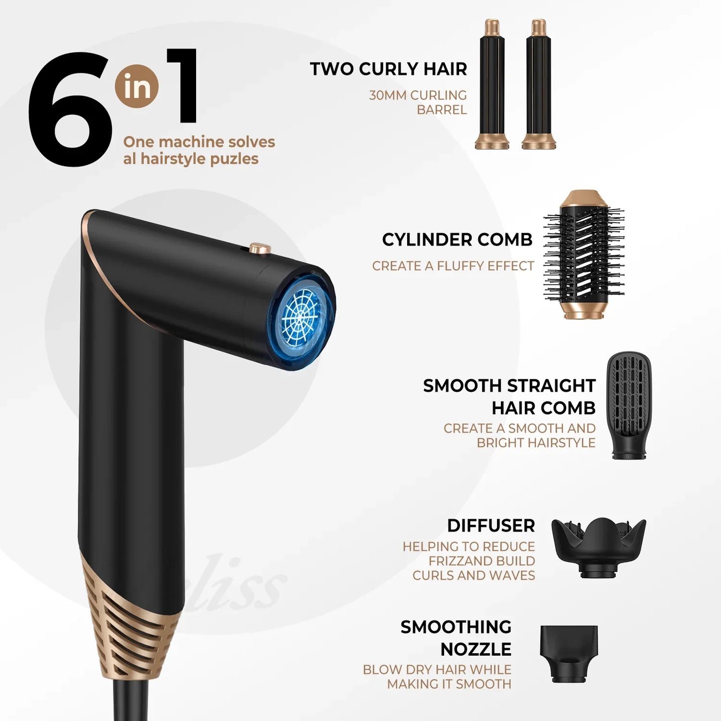 6 in 1 Hot Air Brush Foldable Hair Dryer with Diffuser Detachable Blow Dryer Brush Hairdryer Air Styler Hair Curler Curling Wand