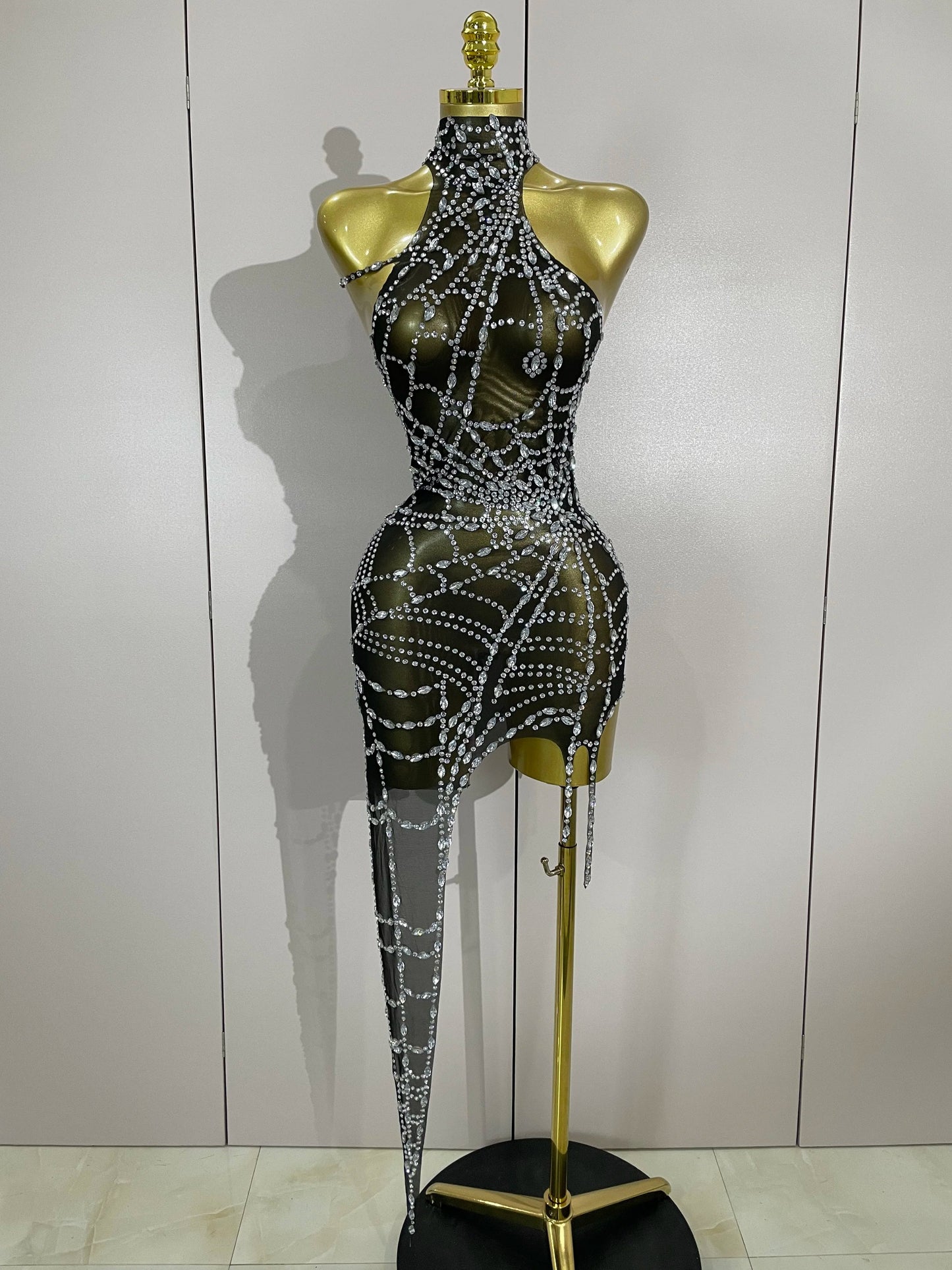 Sparkly Diamond Sexy Mesh Asymmetric Bodycon Mini Dress Women Nightclub Bar Party Show Gogo Dancer Clothing Stage Costume