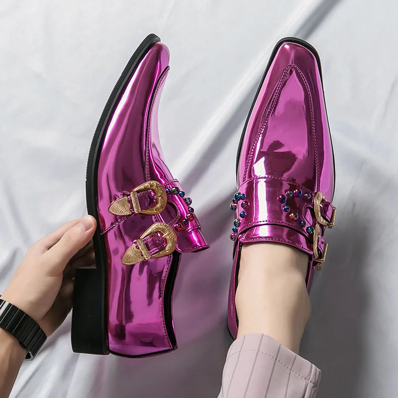 Pink Mens Patent Leather Shoes Designer High Quality Pointed Chelsea Formal Shoes Man Dress Wedding Party Shoes Men