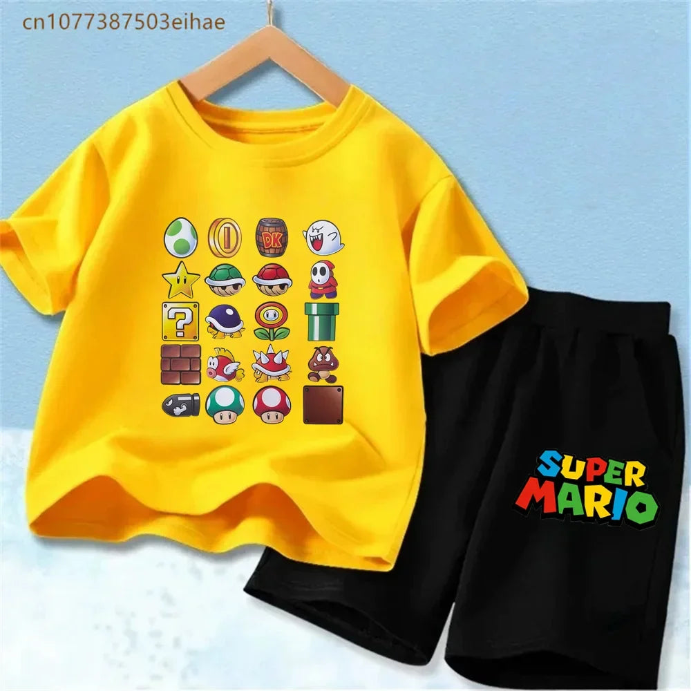 Summer Casual Kids Clothing Set Mario Cartoon Print Pure Cotton Short Sleeve Tee And Shorts 2PCS Wear For Boys Girls
