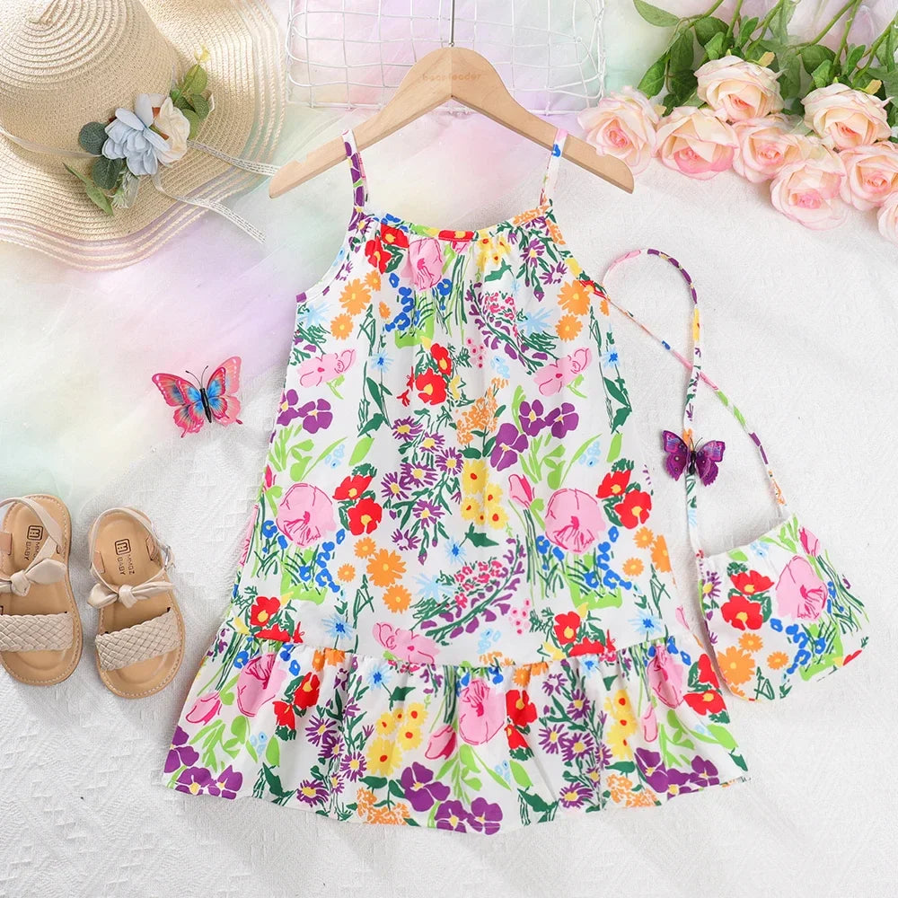 Summer Girls Dress Casual Princess Dresses Sleeveless Print Flower Costumes Kids Vestidos Cotton Floral Dress 2-7Y