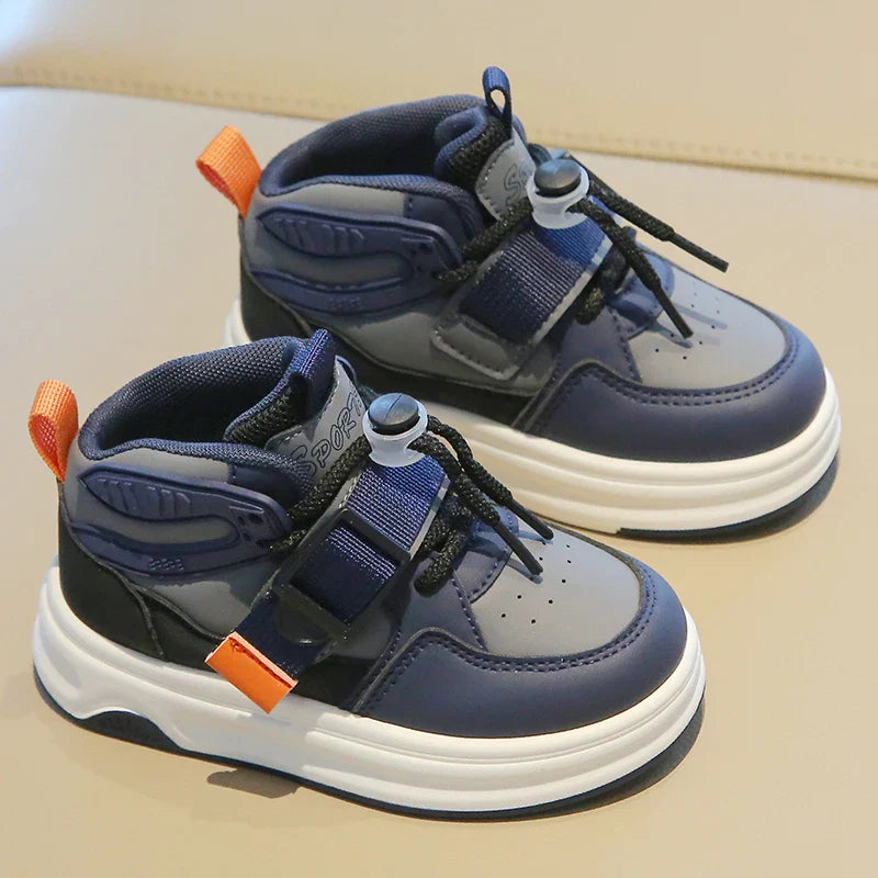 Comfy Kids Boys and Girls Navy Blue and Gray Color-Blocked High-Top Sneakers, Breathable Mesh Surface with Rotating Buckle and Velcro, Wear-Resistant, Grip-Enhancing, Lightweight Children's Shoes, Suitable for Spring and Autu