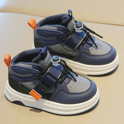 Comfy Kids Boys and Girls Navy Blue and Gray Color-Blocked High-Top Sneakers, Breathable Mesh Surface with Rotating Buckle and Velcro, Wear-Resistant, Grip-Enhancing, Lightweight Children's Shoes, Suitable for Spring and Autu