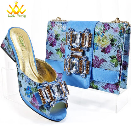 Shoes and Bag Set in Green Color High Quality Specials Design Slipper with Crystal for Wedding Dress