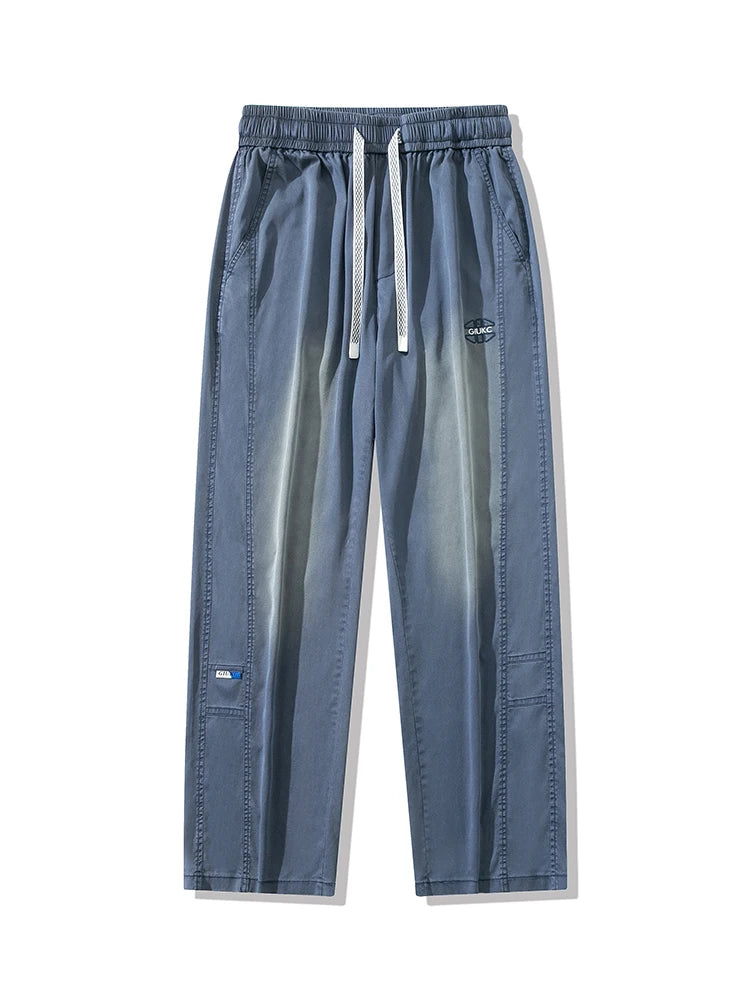 Summer Lyocell Men's Jeans Soft Elastic Washed Casual Pants Loose Lightweight Embroidery Wide Leg Straight Denim Trousers
