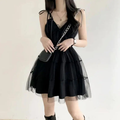 Y2k Black Mesh Women's Ball Gown Dresses 2025 New Sleeveless Strapless V-neck Party Sexy Mini Dress for Womens