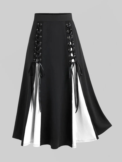 Plus Size Women's Skirts Deep Red Lace Chiffon Layered Skirt Or Halloween Vampire Costume Gothic Lace Up Two Tone Skirt