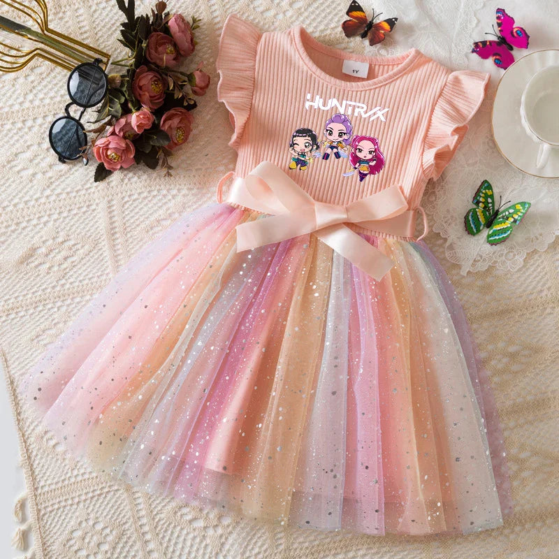 K-Pop Hunters Zoey Mira Rumi Vestido Infantil Menina Lantejoulas Tule Arco-Íris Vestido Doce Princesa para Meninas Presente de Festa