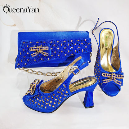 Elegant Mature Style Purple Rhinestone Design Women's Peep Toe High Heels With Matching Handbag Set for Party Wedding or Wokr