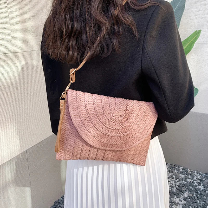Straw Woven Shoulder Crossbody Bag Beach Clutch Handbag Casual Summer Handmade Envelope Bags for Women Totes Purse