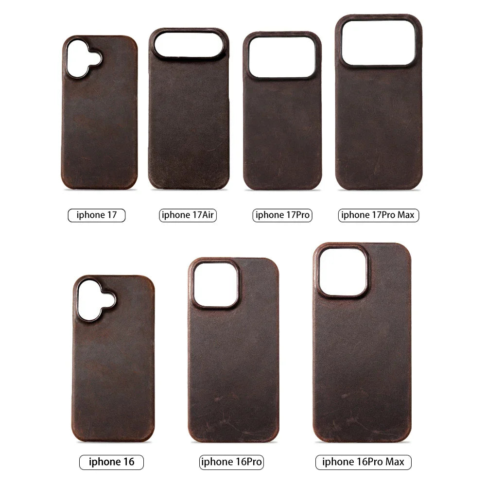 Magsafe Case for iPhone 15 16 17 Pro Max Air Retro Luxury Full Grain Cowhide Genuine Oiled PULL-UP Leather Magnetic Cover