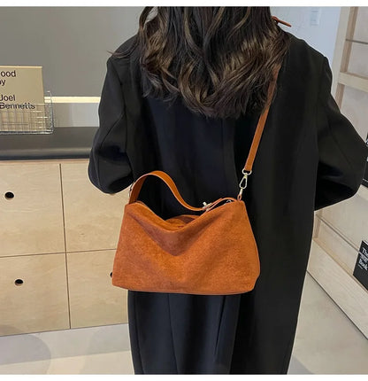 Korean suede bucket bag, women's casual commuting shoulder tote bag, autumn/winter 2025 new underarm set bag