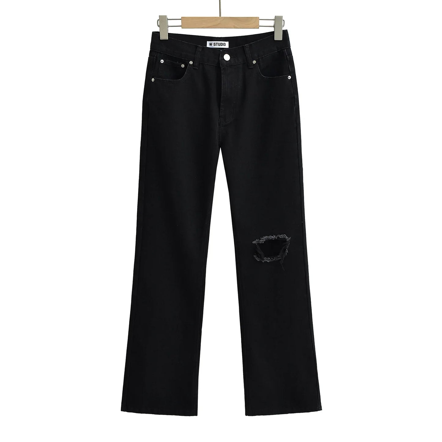 High‑Waist Straight‑Leg Distressed Jeans