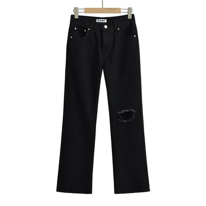 High‑Waist Straight‑Leg Distressed Jeans