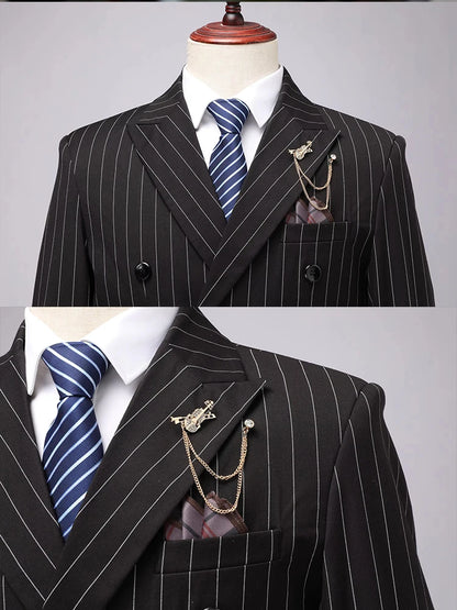 Men's Pinstripe Suit Set Classic Double Breasted Peak Lapel Slim Fit 2 Piece Blazer Pants For Business Formal Wedding