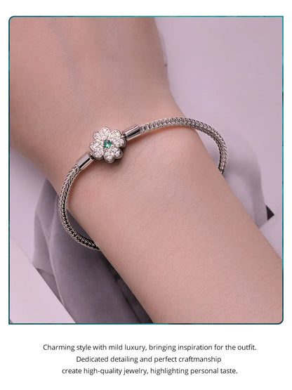 925 Sterling Silver Four-Leaf Clover Snake Basic Bracelet Pave Setting CZ for Women Beads and Charms DIY Fine Jewelry