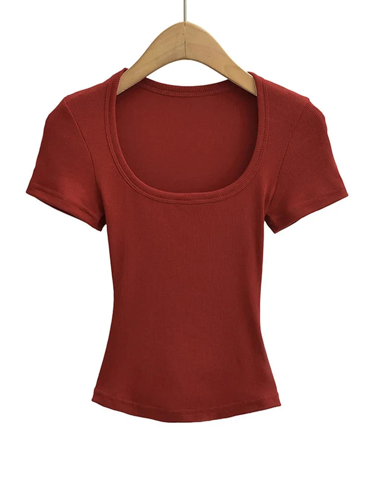 Women's Slim Fit Square Collar Crop Top High Stretch Short Sleeve Pullover Sexy Summer Blouse T-shirt for Bottoming