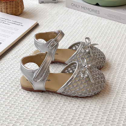 Girl's Sandals Breath-mesh Braided Adorable Summer Kids Sliders Bowtie Beige Sliver Round Toe All-match Childern Shoes 23-33