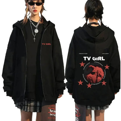 TV Girl Who Really Cares Graphic Print Zipper Hoodie Men Women Fashion Casual Oversized Zip Up Jacket Male Fleece Sweatshirts