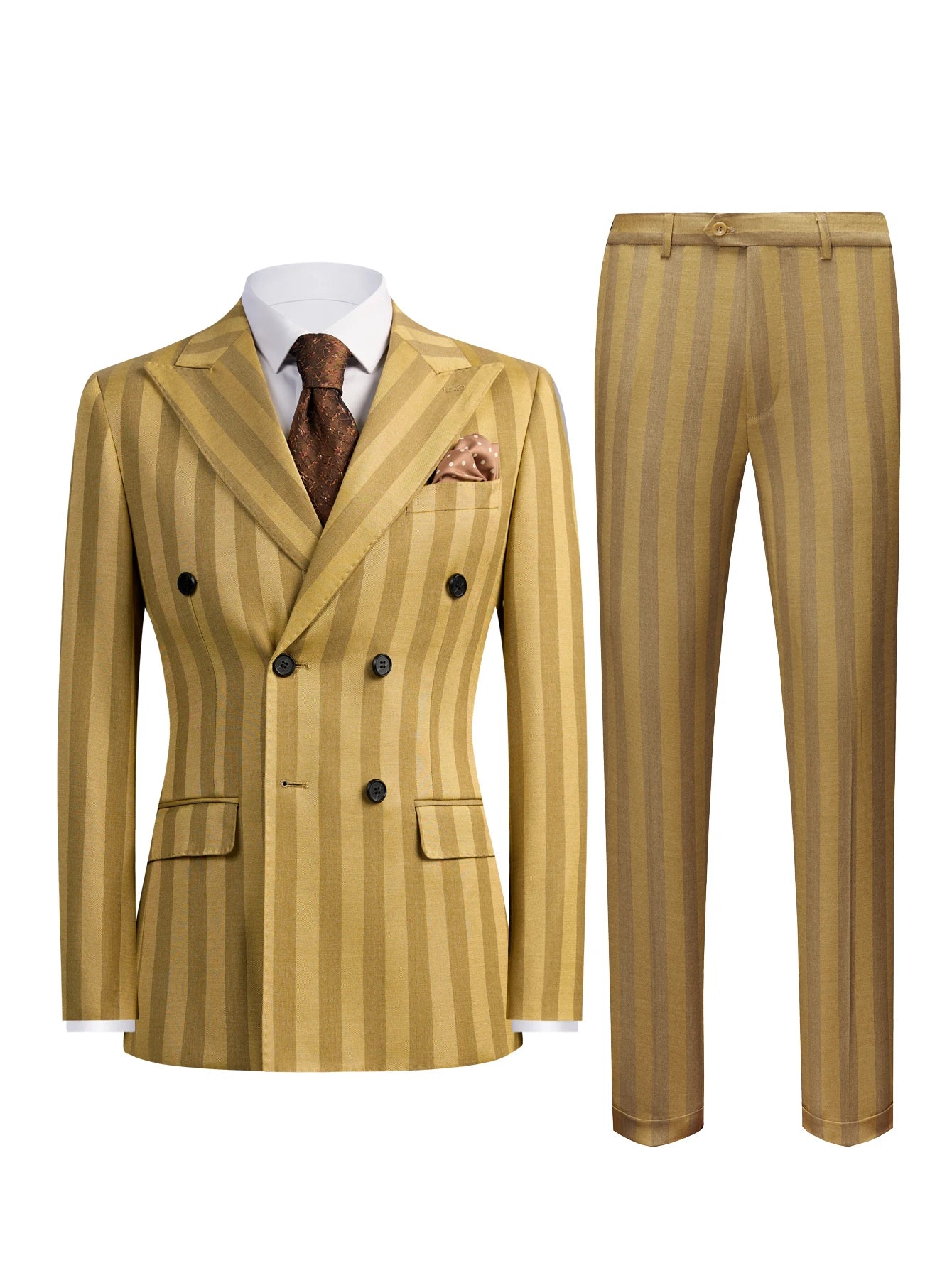 Men's 2-Piece Double Breasted Suit Set - Peak Lapel Striped Tuxedo Jacket & Pants, Formal Business Wedding Prom Attire