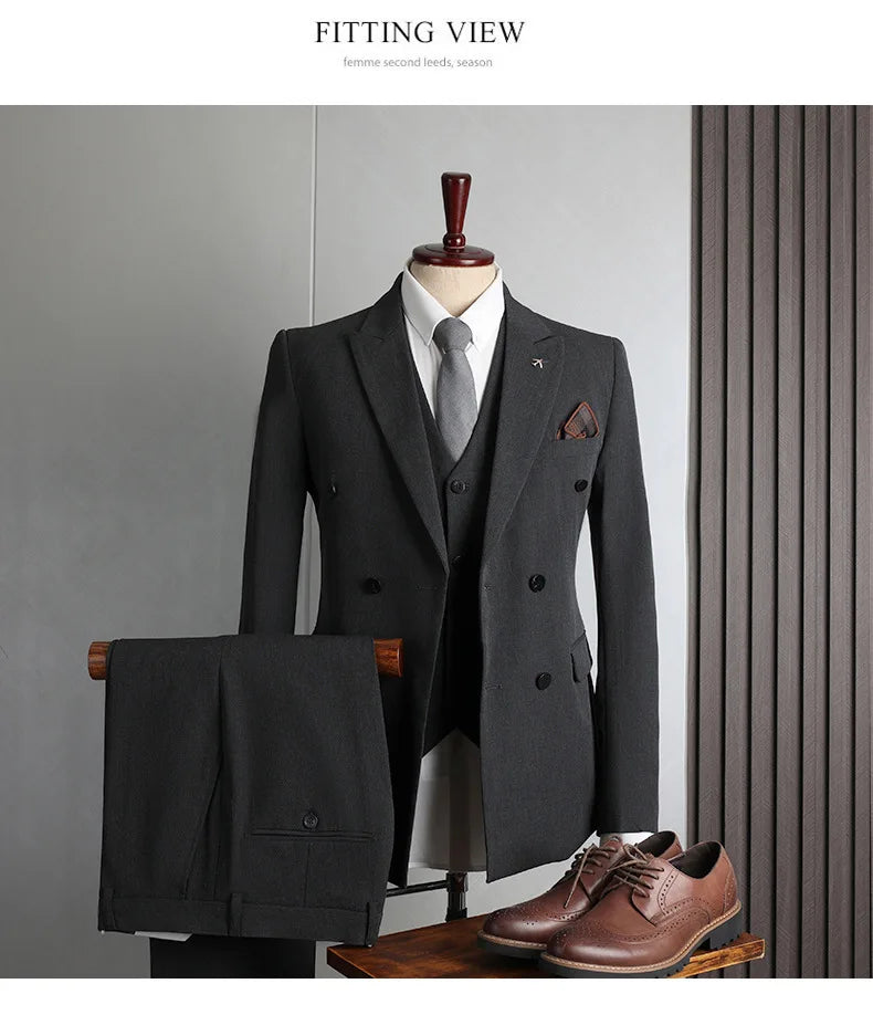 Man Suit Outfit Double-breasted Blazer Men V-neck Vest Straight-leg Pant Male Slim Business Wedding Three-piece Set