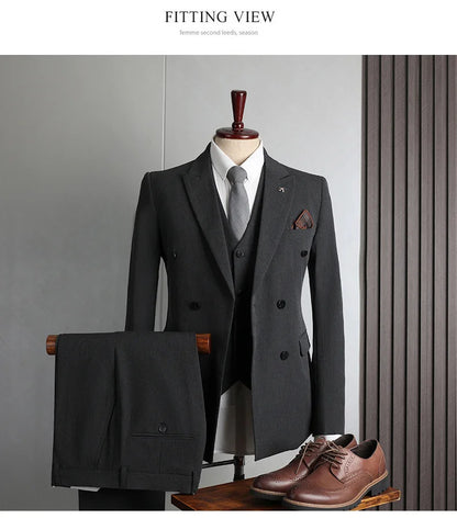 Man Suit Outfit Double-breasted Blazer Men V-neck Vest Straight-leg Pant Male Slim Business Wedding Three-piece Set