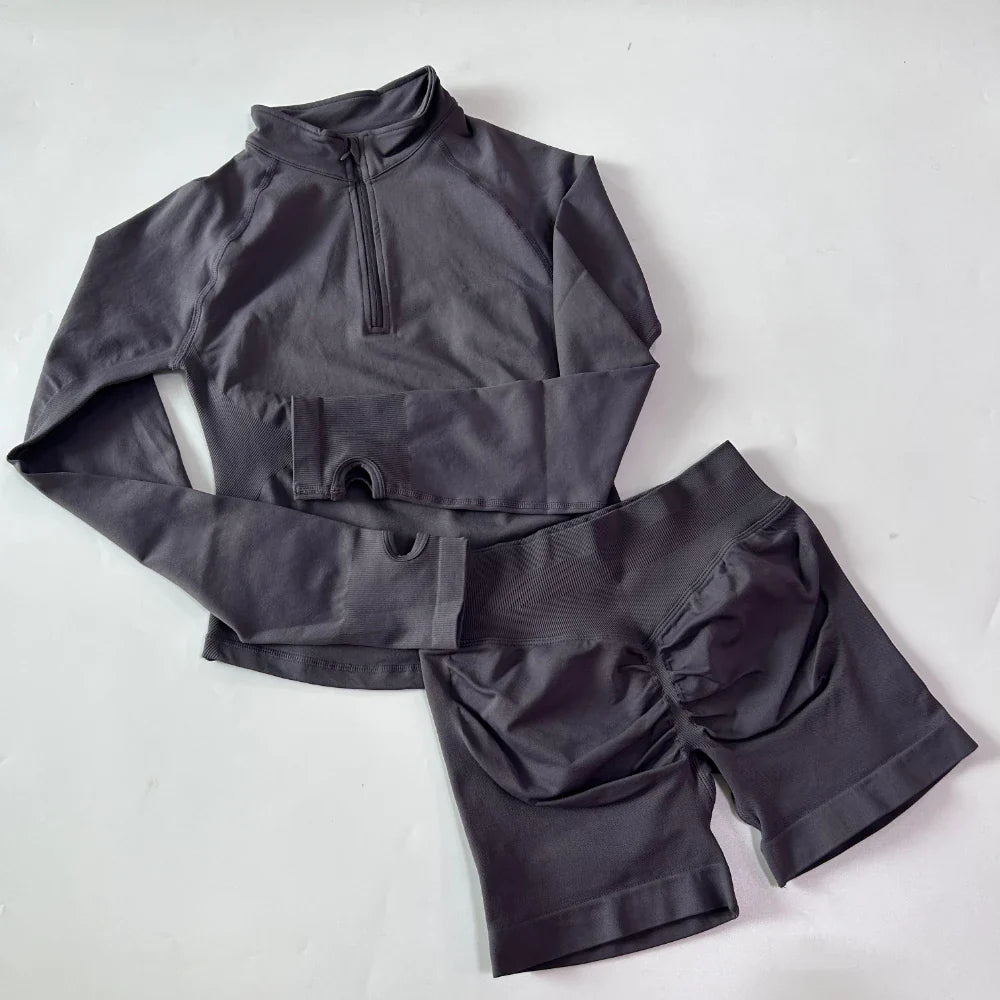 No Logo 2pcs Long Sleeve Yoga Set Women Half Zippy Jacket Longline Sports Top Gym Shorts Fitness Suits Running Coats Workout Set