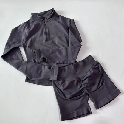 No Logo 2pcs Long Sleeve Yoga Set Women Half Zippy Jacket Longline Sports Top Gym Shorts Fitness Suits Running Coats Workout Set