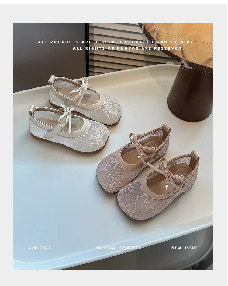 Hot Sale Princess Summer Fashion Bow Embroidery Cute Breathable Baby Girls Lightweight Ballet Flats School Kids Walking Shoes