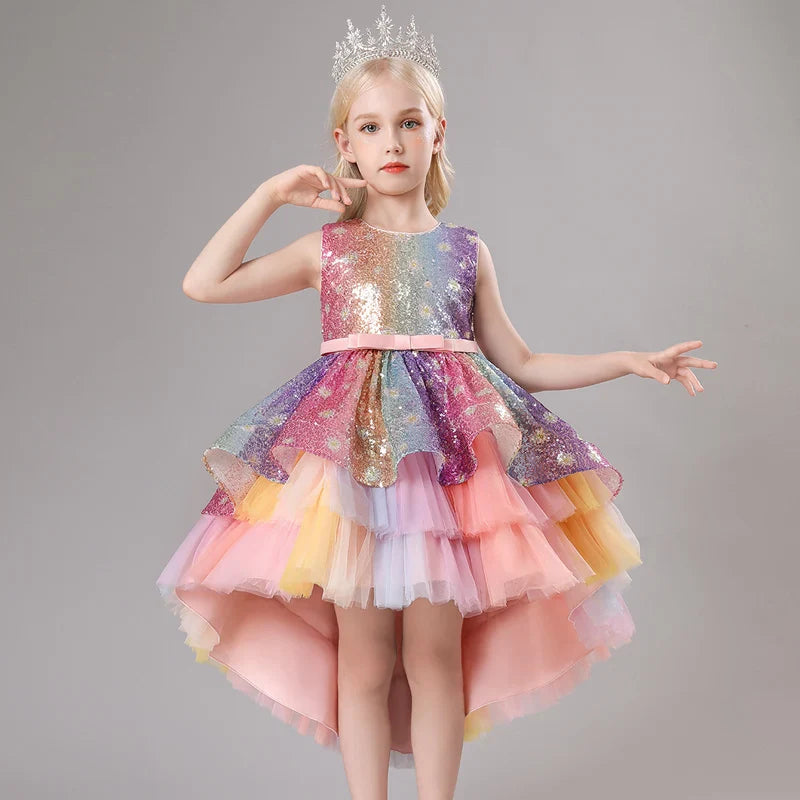 Children's Dress Trailing Princess Spot Pink Girls' June 1 Performance Summer New 2023 Lace Color Matching Mesh