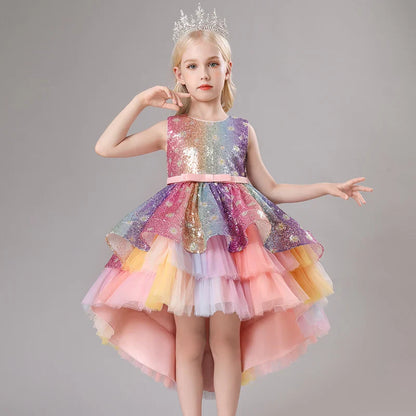 Children's Dress Trailing Princess Spot Pink Girls' June 1 Performance Summer New 2023 Lace Color Matching Mesh