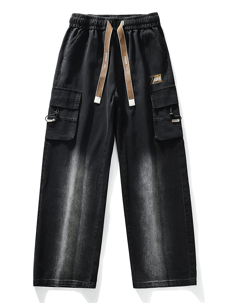 Summer Men's Straight Jeans Multi-Pockets Wide Leg Denim Cargo Pants 8XL 7XL 6XL Big Size Lightweight Baggy Solid Jeans Trousers