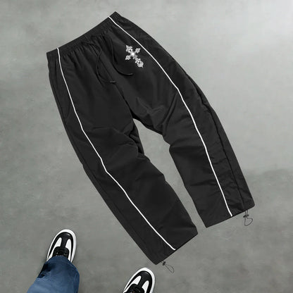 2026 Cross Print Sports Pants Summer Casual Lightweight Breathable Fitness Training Drawstring Long Pants Retro Street Style