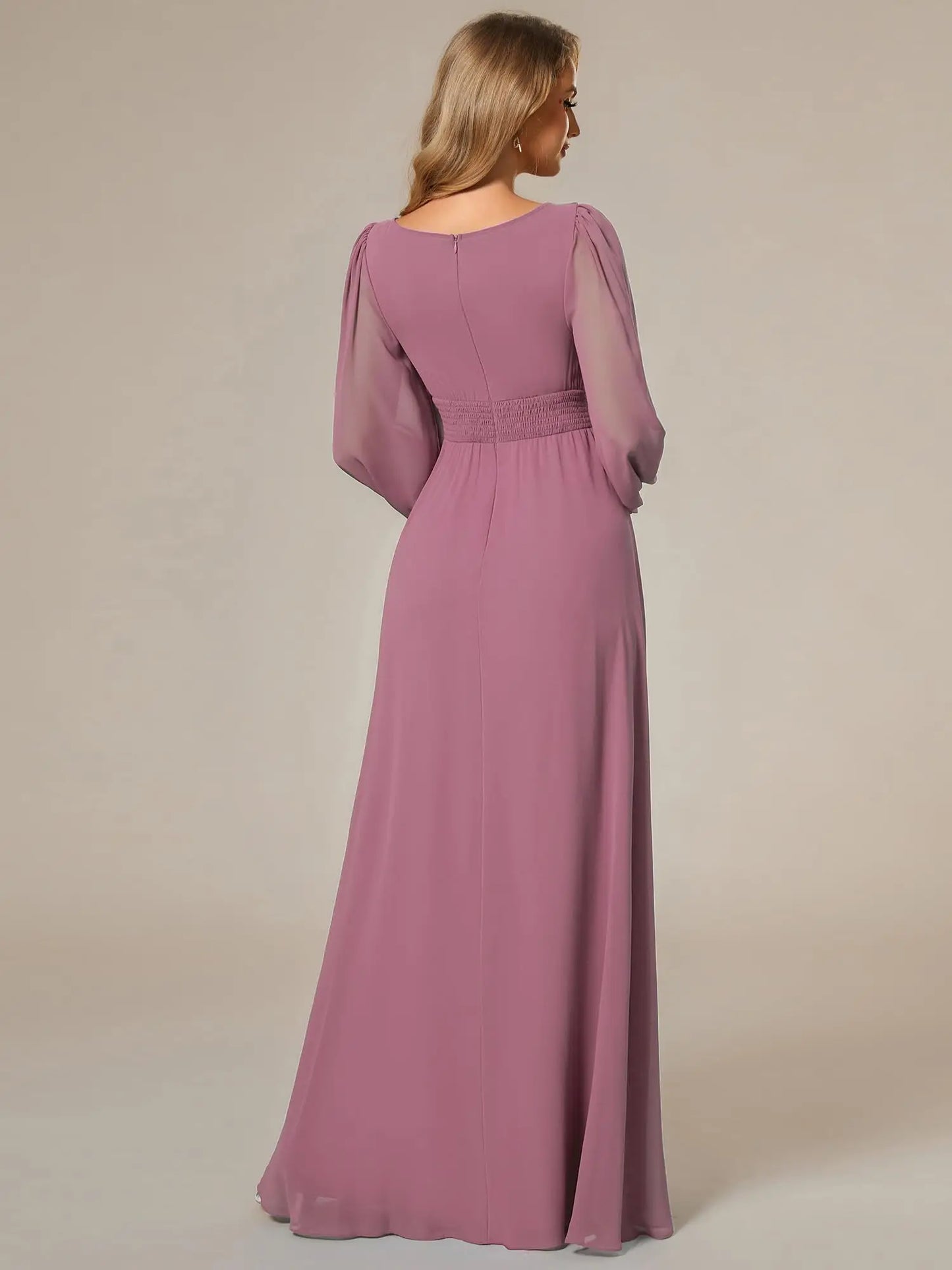 Women's Crewneck Lantern Sleeves Bridesmaid Dresses For Wedding Flowy A-Line Pleated Floor Length Chiffon Formal Evening Dresses