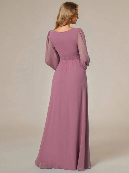 Women's Crewneck Lantern Sleeves Bridesmaid Dresses For Wedding Flowy A-Line Pleated Floor Length Chiffon Formal Evening Dresses