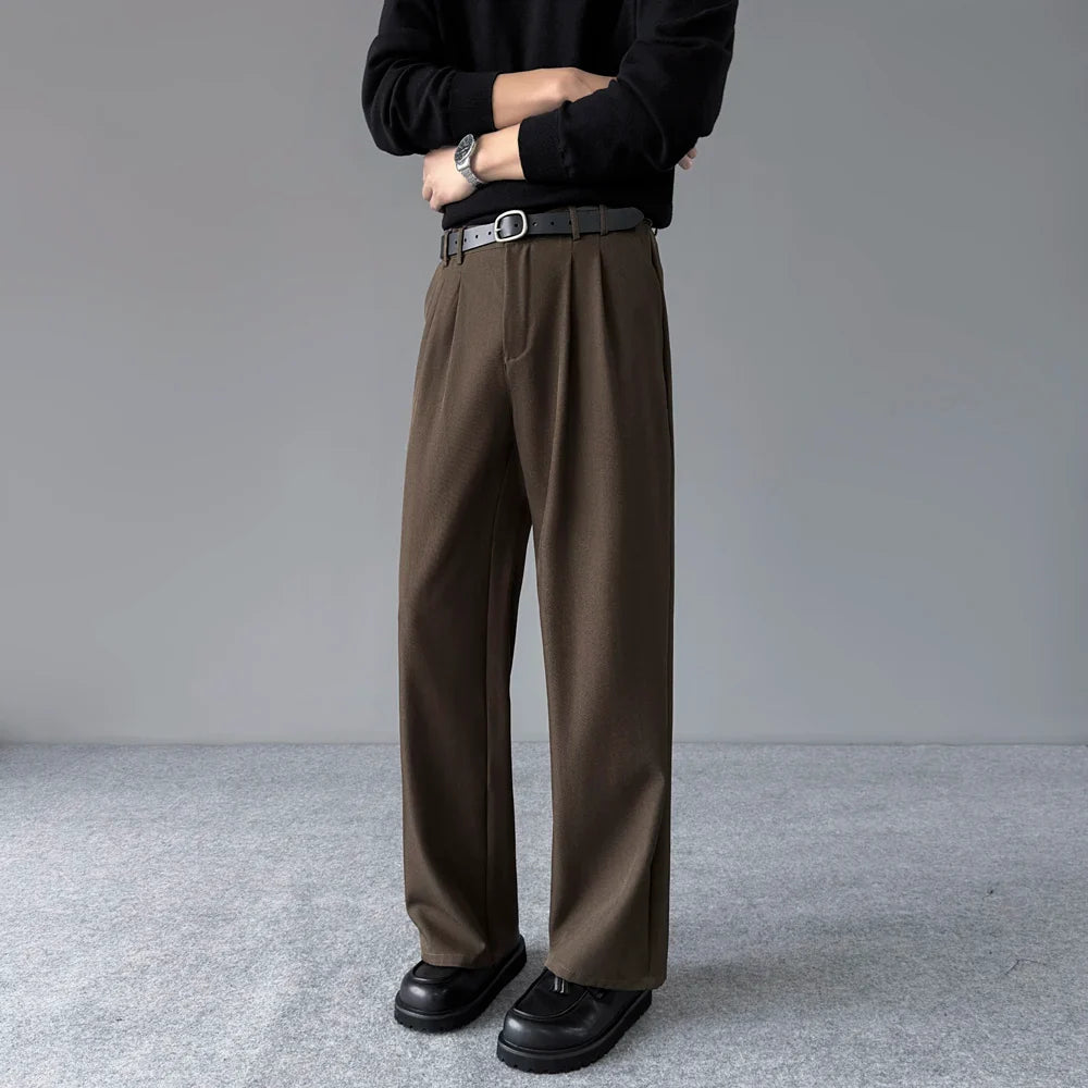 Spring New Loose Straight Pants Men Elastic Waist Double Pleats Wide Legs Casual Drape Fashionable Anti-wrinkle Trousers