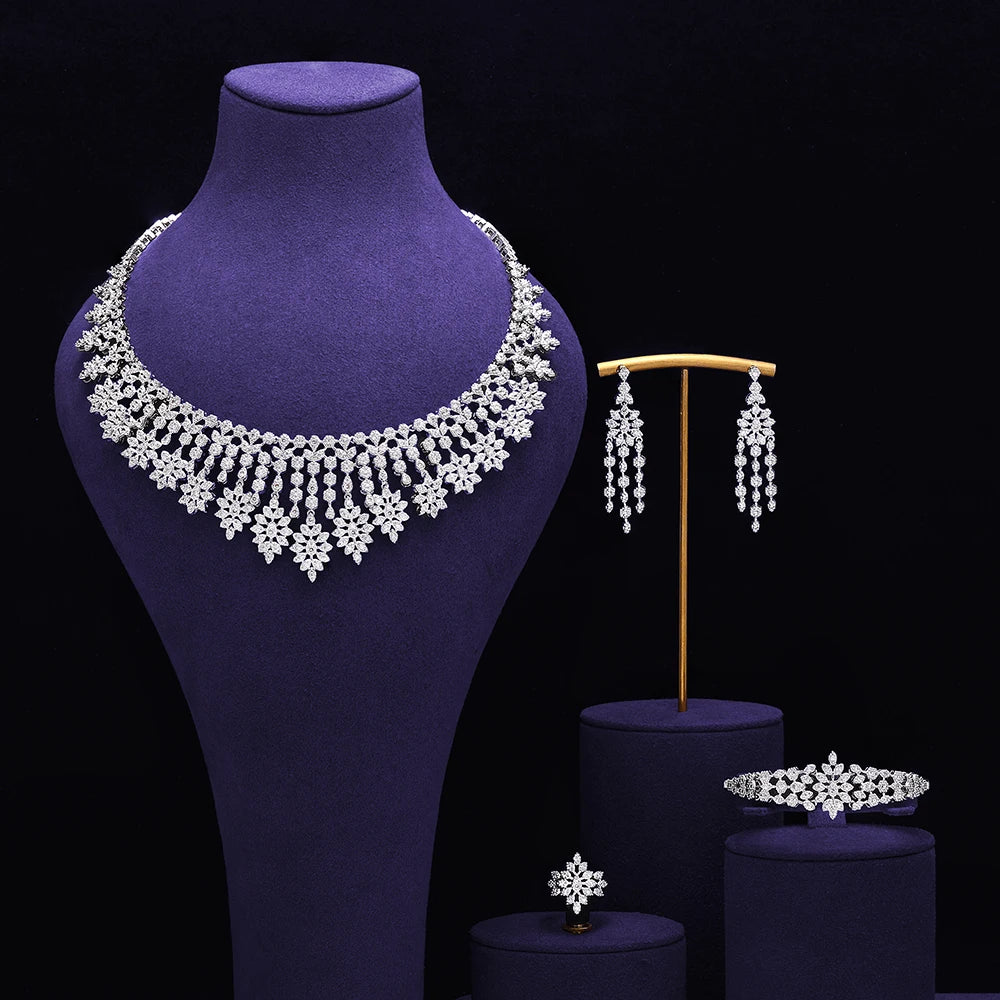4 pieces of bride zirconia full set of women's party jewelry, luxury Dubai Nigeria CZ luxury crystal wedding necklace set