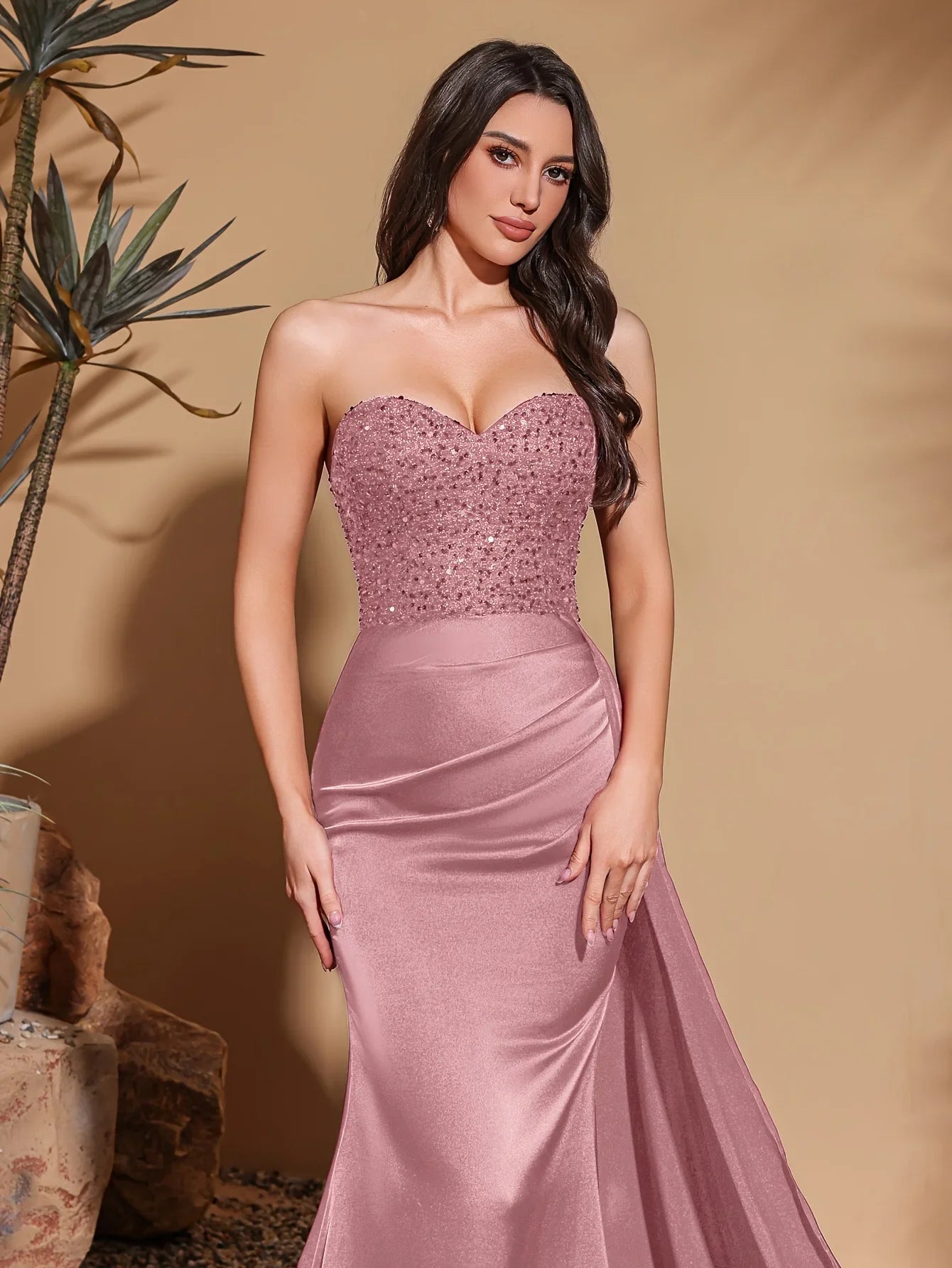Satin waist pleated side flaps floor-length skirt, sequined spliced tube top dress