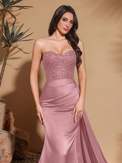 Satin waist pleated side flaps floor-length skirt, sequined spliced tube top dress
