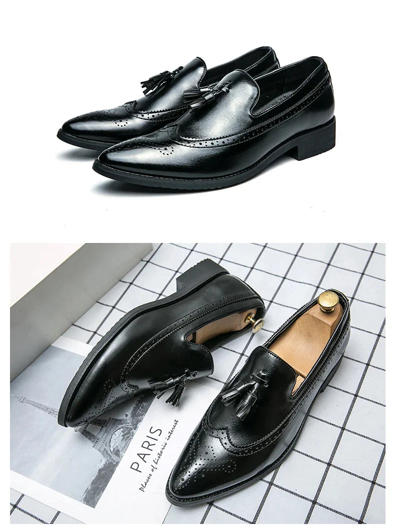 Pointed Toe Brogues Shoes Men Classic Casual Business Leather Shoes For Men Formal Social Party Leather Tassel Loafers Male