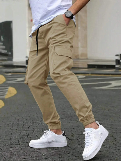 Men's Slim Fit Elastic Waist Cargo Pants Multi-Pockets Cuffed Hem Comfortable for Casual Outdoor Wear