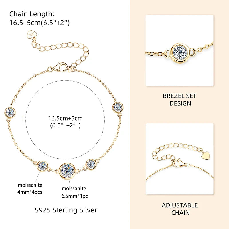 2024 New 18k Gold Plated Bracelet 925 Silver Chain 2mm D Color Bezel Moissanite Bracelets Fashion Women's Jewelry Gifts